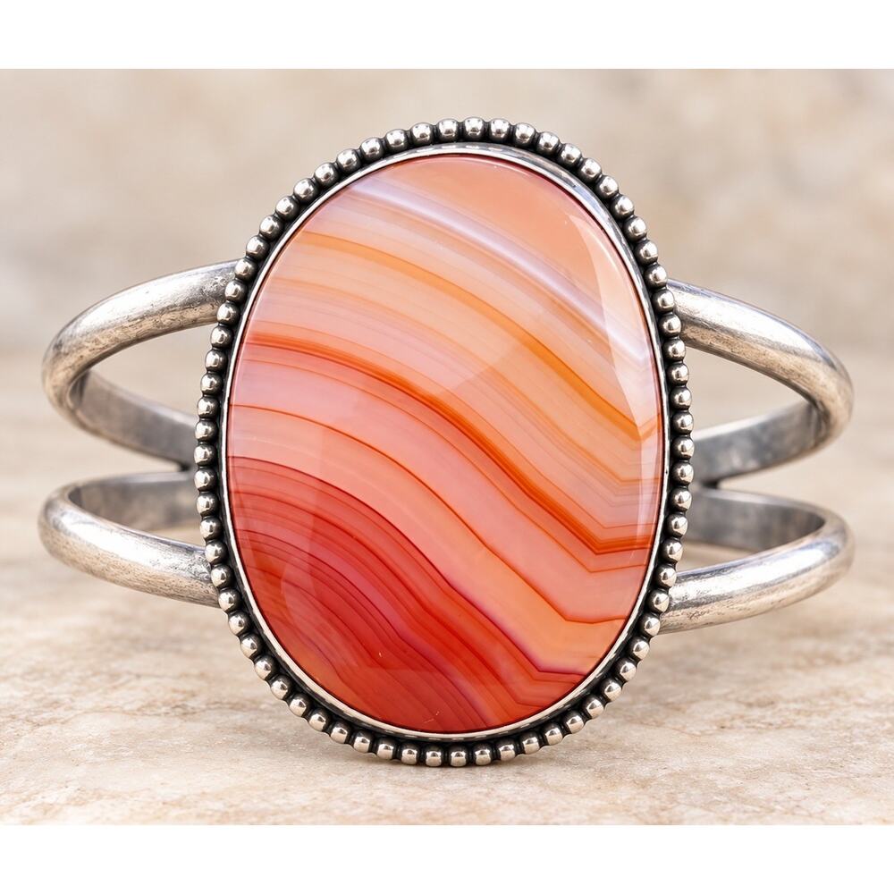 Vintage Navajo Signed HUGE Sterling Silver Cuff Bracelet Orange Banded Agate 38g